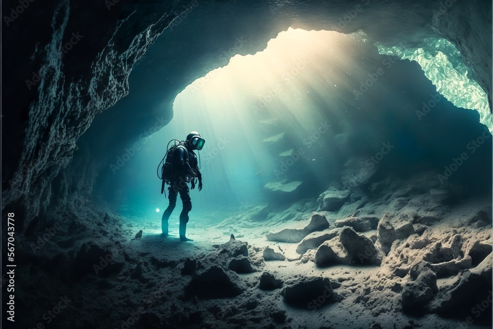 Freshwater cave diving man exploring a submerged cave system extreme