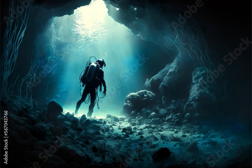 Fotografia Freshwater cave diving man exploring a submerged cave system extreme sport subaq