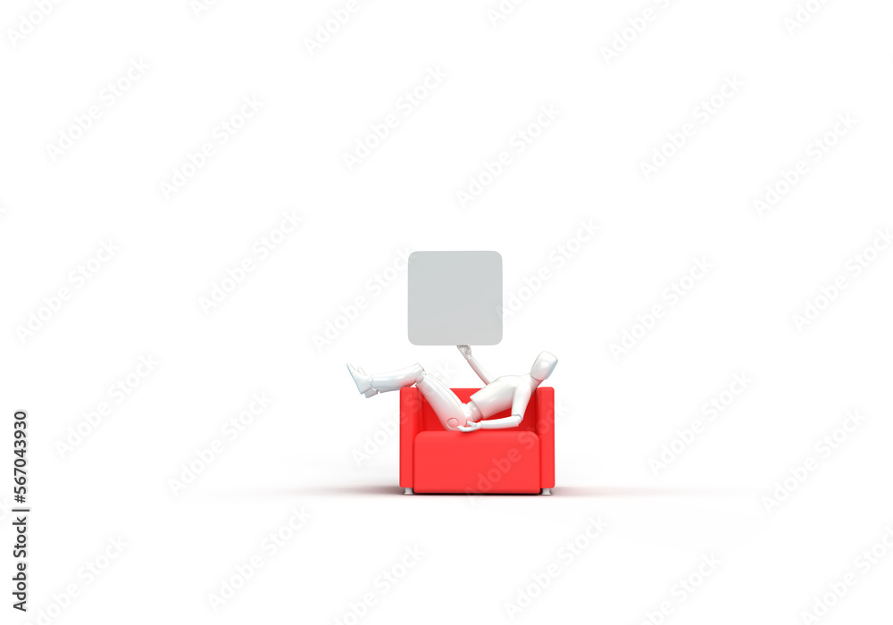 A modern human robot is sitting on a sofa and holding a sign in his hands. 3d render on the topic of advertising, billboard and artificial intelligence. Transparent background. A modern human robot is sitting on a sofa and holding a sign in his hands. 3d render on the topic of advertising, billboard and artificial intelligence. Transparent background.