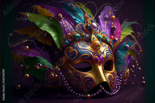 Festive Grouping of mardi gras, venetian or carnivale mask illsutration on a purple background. Generating Ai. © ckybe