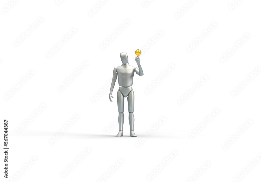 A modern human robot holds an electric light bulb in his hand. 3d render on the topic of technology, Internet, electricity, electronic devices. Modern minimal style, transparent background. A modern human robot holds an electric light bulb in his hand. 3d render on the topic of technology, Internet, electricity, electronic devices. Modern minimal style, transparent background.