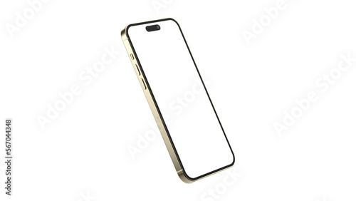 iPhone 14 pro Max on isolated white background. White mockup screen. Gold color.