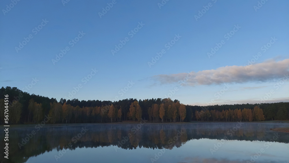 landscape with morning fog in the forest lake