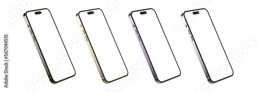 iPhone 14 pro Max on isolated white background. White mockup screen. All color.