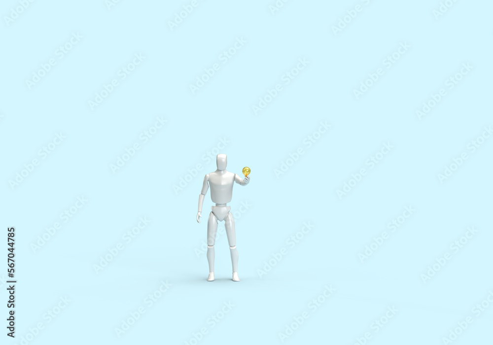 A modern human robot holds an electric light bulb in his hand. 3d render on the topic of technology, Internet, electricity, electronic devices. Modern minimal style, blue background. A modern human robot holds an electric light bulb in his hand. 3d render on the topic of technology, Internet, electricity, electronic devices. Modern minimal style, blue background.