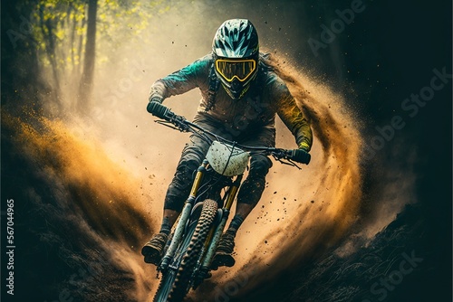 Downhill mountain biking man wearing a helmet in mountain forest with dirt and extreme sport vibes illustration