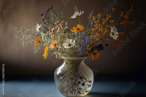 Bouquet of wildflowers in a glass vase. Generative AI