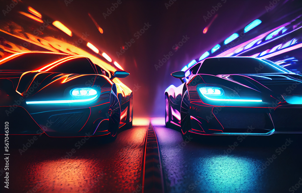 Obraz premium Two supercars racing in neon light tunnel. Generative AI.