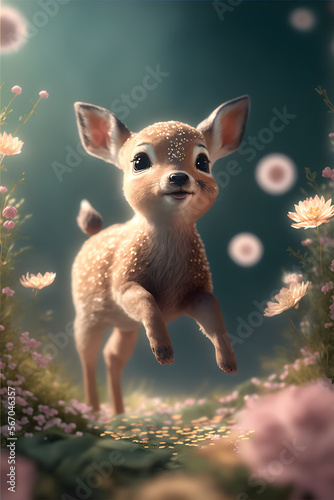 A Cute lifelike gracefully jumping baby deer with flowers, AI Generative