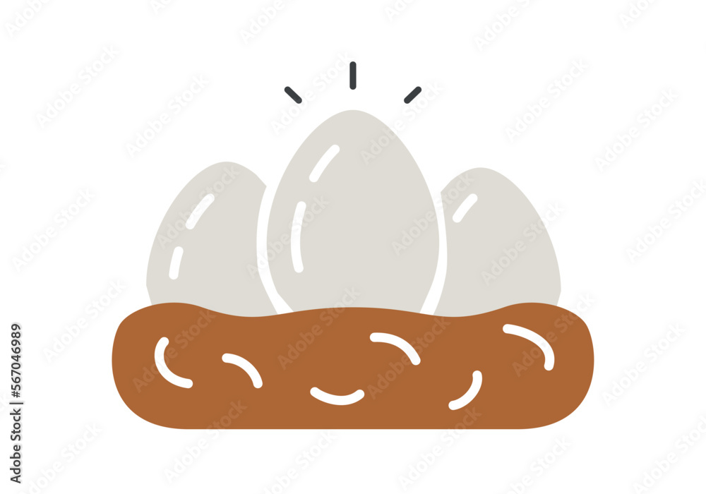 Eggs in nest color icon. Farming and agriculture, natural and organic product. Poster or banner for website. Protein and yolk in eggshell. Cartoon flat vector illustration Eggs in nest color icon. Farming and agriculture, natural and organic product. Poster or banner for website. Protein and yolk in eggshell. Cartoon flat vector illustration