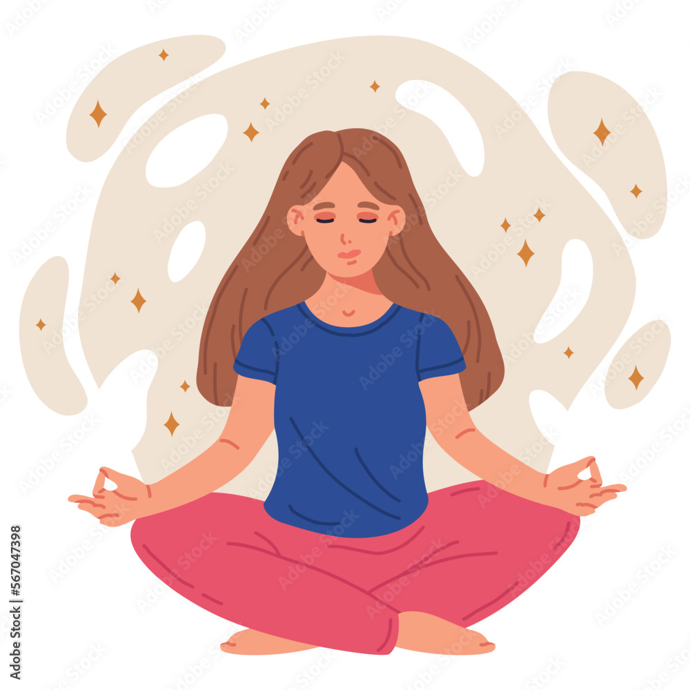 Cartoon meditating woman. Female character sitting in yoga lotus pose, becalmed human meditating. Stress relief and meditation flat vector illustration
