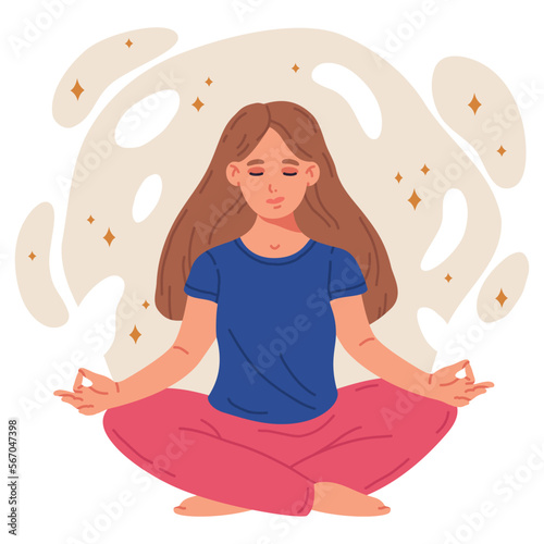 Cartoon meditating woman. Female character sitting in yoga lotus pose, becalmed human meditating. Stress relief and meditation flat vector illustration