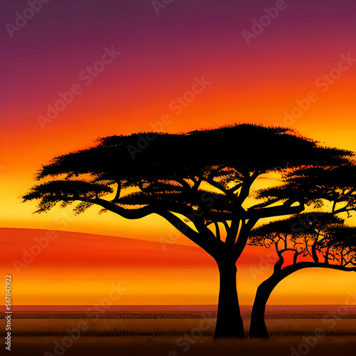 African sunset across the savannah. Generative AI