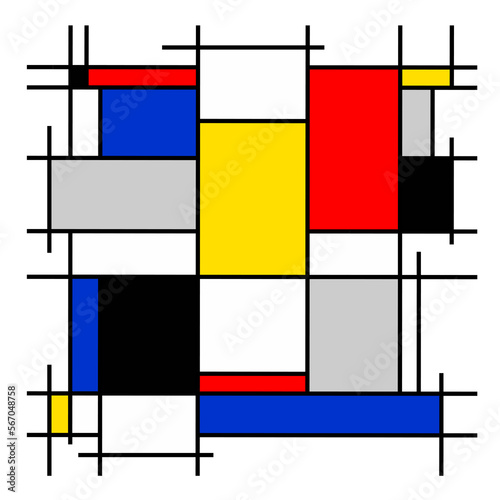 Abstract painting, geometric, squares, black, blue, yellow, red photo