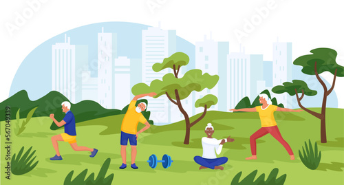 Senior People Exercising Outdoors Doing Yoga for Healthy Body, Flexibility and Wellness. Elderly Characters Training, Exercising at City Park. Pensioners Morning Workout. Healthy Sports Activities