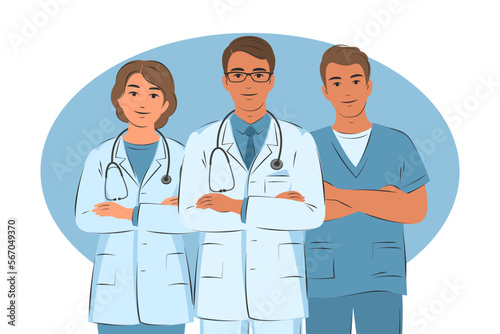 Fototapeta Naklejka Na Ścianę i Meble -  Team of doctors. Friendly and caring medical workers. Vector illustration.
