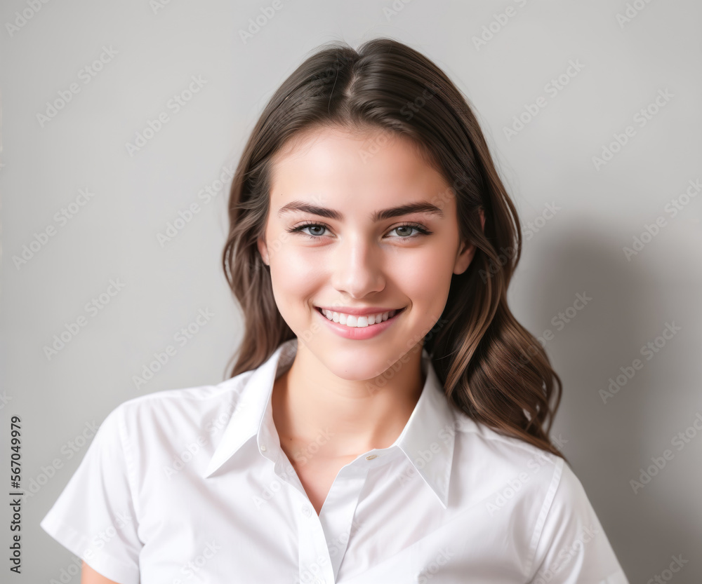 Portrait of beautiful happy brunette girl wearing white shirt looking at camera. Gray studio background. Generative Ai Portrait of beautiful happy brunette girl wearing white shirt looking at camera. Gray studio background. Generative Ai