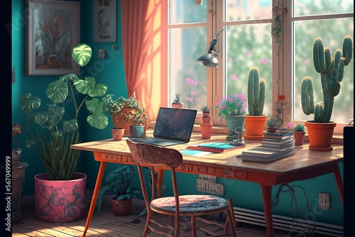 Hyper Realistic Colorful Interior Pink Orange Teal Crystals Plant Pots Workspace Table Chair Multiple Screens Big Windows Trees Village Daytime Photography