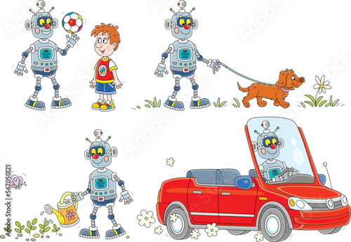 Cartoon set of a funny robot playing a ball with a little boy  walking with a merry dog  watering garden plants and driving a small red car  vector illustrations isolated on a white background