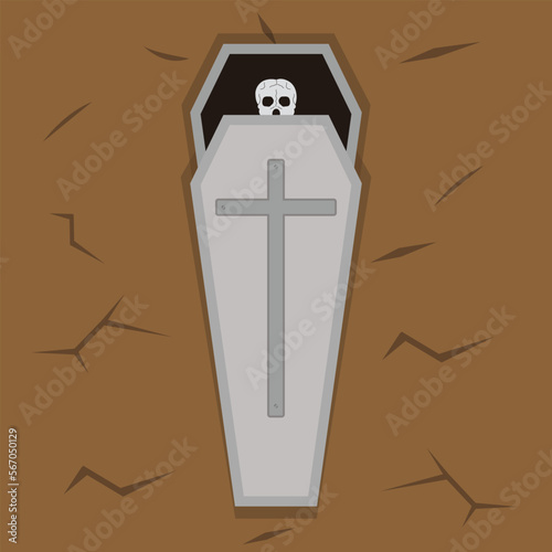 cartoon skeleton in half open casket sketch engraved vector illustration. T-shirt print design. Scratchboard imitation. Images . photo