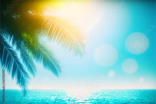 Tropical Palm Tree Background, Defocused turquoise blue ocean banner, Illustration generativ ai 