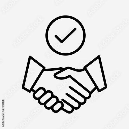 Commitment isolated vector outline icon. Handshake with tick modern sign design.