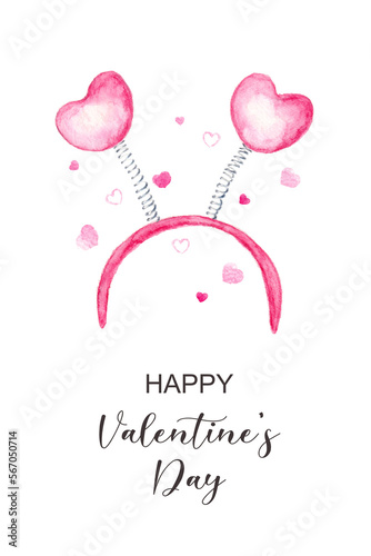 Heart headband. Watercolor illustration with lettering for Valentine's Day.