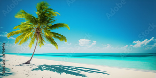 Idyllic Tropical Beach with palm tree, travel summer paradise banner background, illustration generativ ai  © Luc.Pro