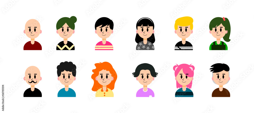 Set of various smiling men and women characters with various hairstyles isolated on white background, black eyes and eyebrows and pink cheeks, flat icons for apps and websites, vector illustration Set of various smiling men and women characters with various hairstyles isolated on white background, black eyes and eyebrows and pink cheeks, flat icons for apps and websites, vector illustration