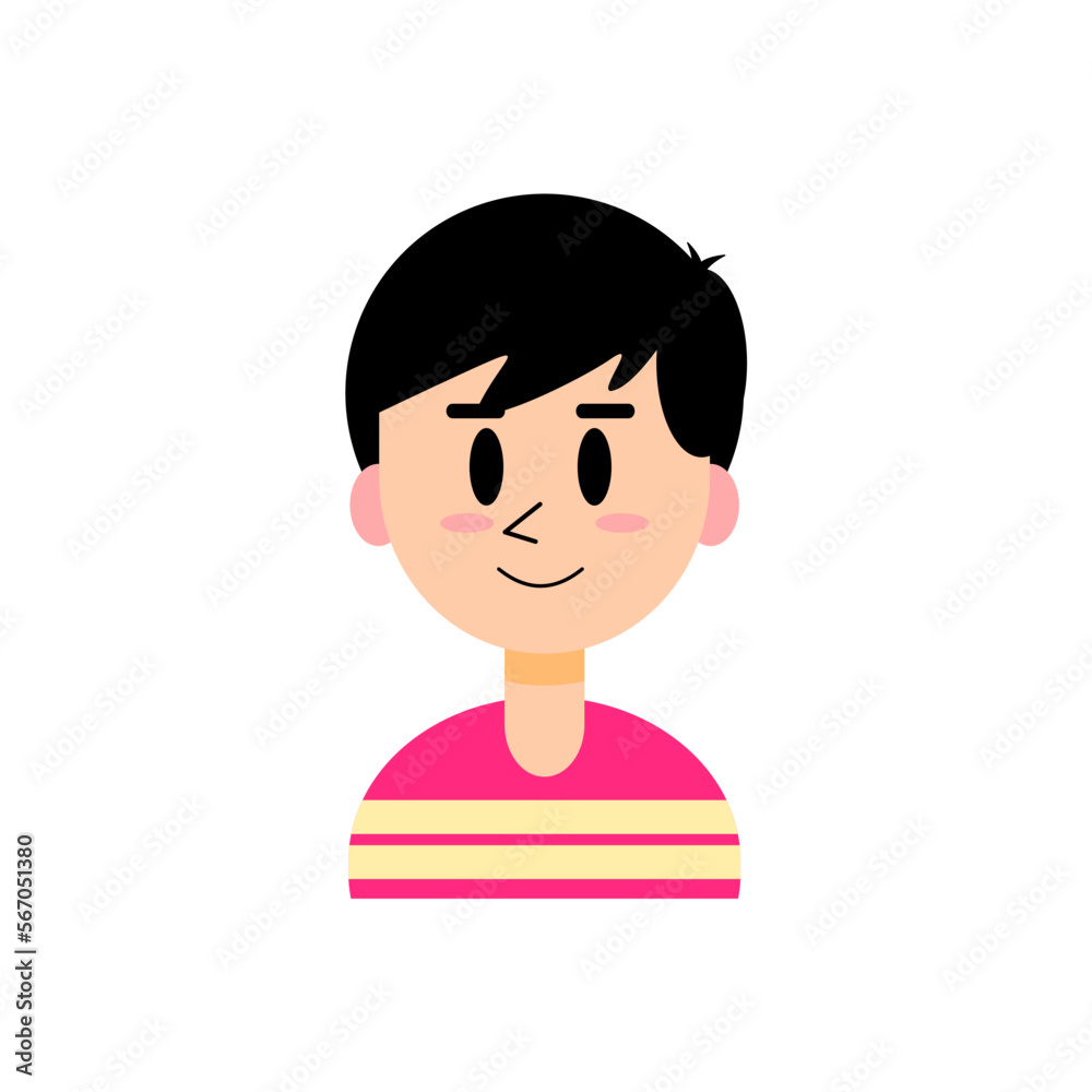 Smiling young man with black side fringe hairstyle isolated on white background, black eyes and eyebrows and pink cheeks, single cartoon flat icon for apps and websites, vector illustration.