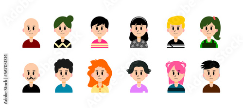 Set of various smiling men and women characters with various hairstyles isolated on white background, black eyes and eyebrows and pink cheeks, flat icons for apps and websites, vector illustration