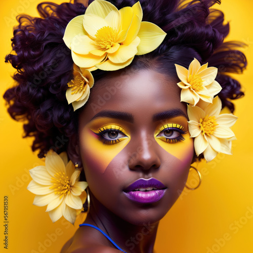 Close up portrait of a beautiful african american woman with yellow flowers in her curly hair. Glamour. Creative makeup. Generative Ai