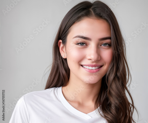Portrait of beautiful happy brunette girl wearing white shirt looking at camera. Gray studio background. Generative Ai