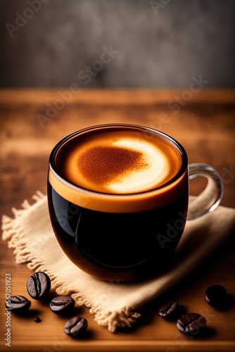 Une tasse de café avec des grain de café sur la table avec un tissu grosse maille - generative IA
