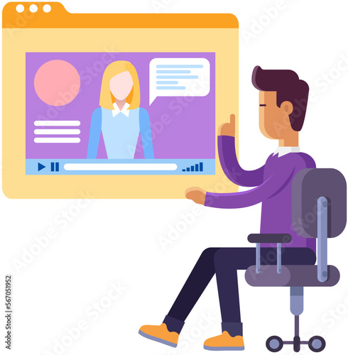 Distance chatting, internet video call concept. Man uses website for virtual communication, teamwork. Woman during video meeting, online business conference. Remote comunication program for computer