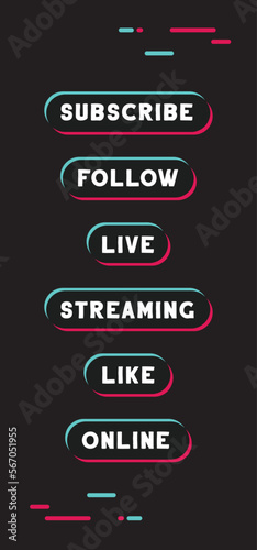 Social media call to action buttons. Streaming live online, follow, like and subscribe. Click here.