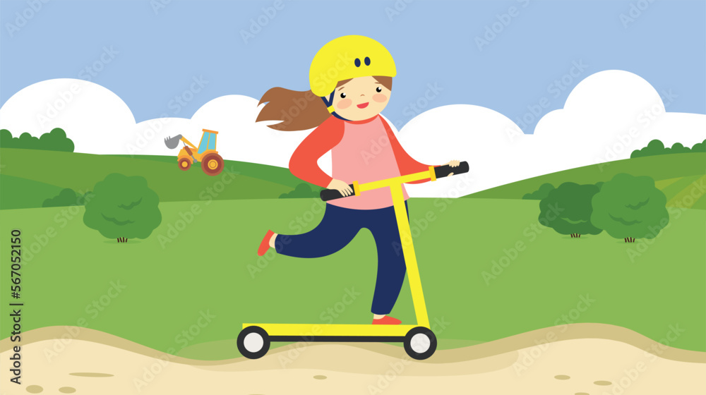 Girl rides a scooter along a path on the lawn