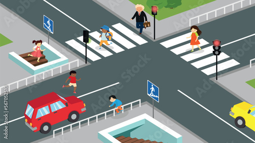 Crossroad in the city and pedestrians