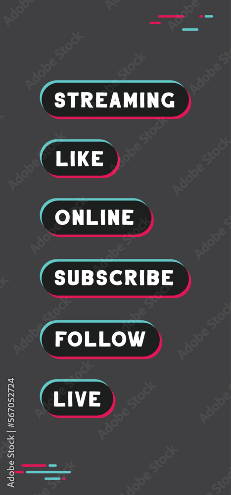 Social media call to action buttons. Streaming live online, follow, like and subscribe. Click here. Social media call to action buttons. Streaming live online, follow, like and subscribe. Click here.