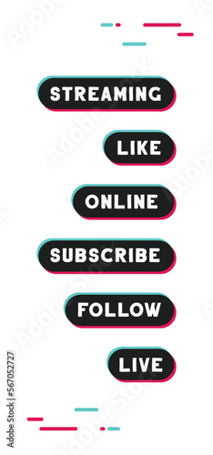 Social media call to action buttons. Streaming live online, follow, like and subscribe. Click here.