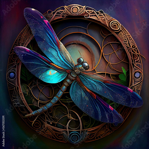 Colorful Dragonfly Insect in Vibrant Colors With a Vine Entwined Motif.  Done by Generative Ai.