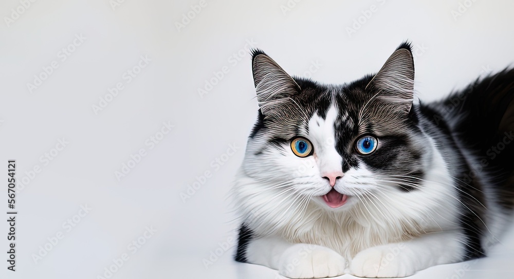 closeup  cat face whit  half color black and white isolate background , free space to text  by ai generative