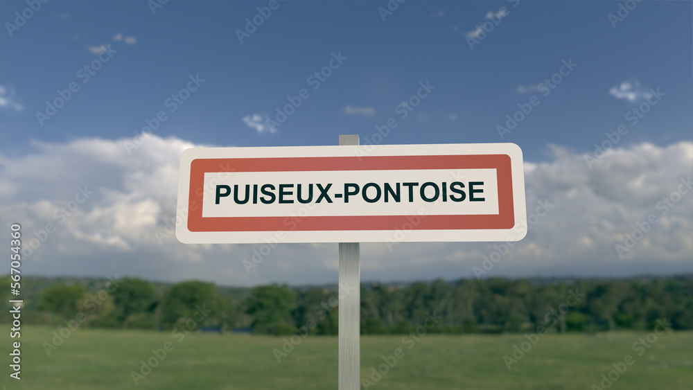 City sign of Puiseux-Pontoise. Entrance of the municipality of Puiseux Pontoise