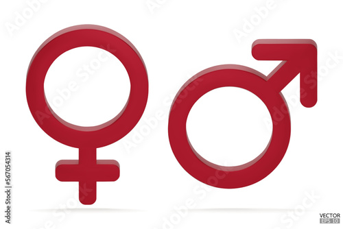 Male and Female symbol icon isolated on white background. Male and female icon set. The symbol for web site, design, logo, app and UI. Gender Icon red symbol. 3D vector illustration.