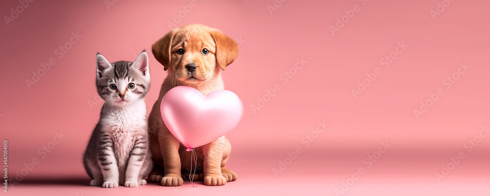 Cute dog and cat with valentine heart shape balloon on pink background. Photograph of Valentine's day card with adorable dog. Generative AI - obrazy, fototapety, plakaty 