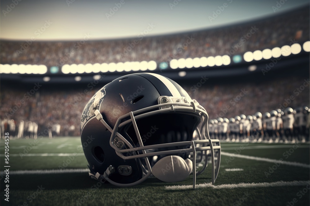 Fototapeta premium Closeup american football helmet in the ground, stadium and crowd in the background