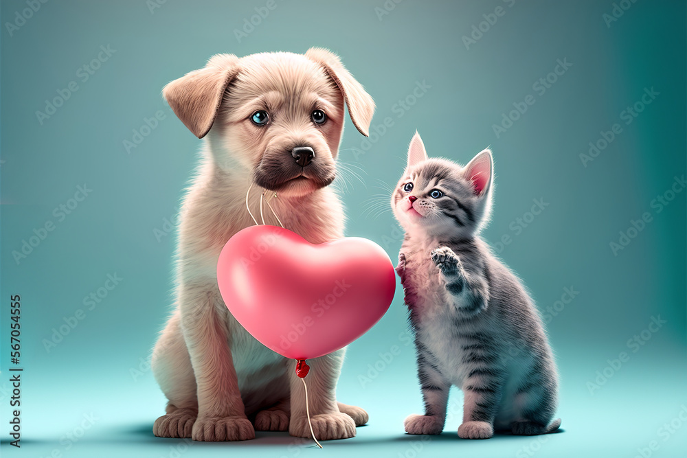 Cute dog and cat with valentine heart shape balloon on blue background. Photograph of Valentine's day card with adorable dog. Generative AI Cute dog and cat with valentine heart shape balloon on blue background. Photograph of Valentine's day card with adorable dog. Generative AI