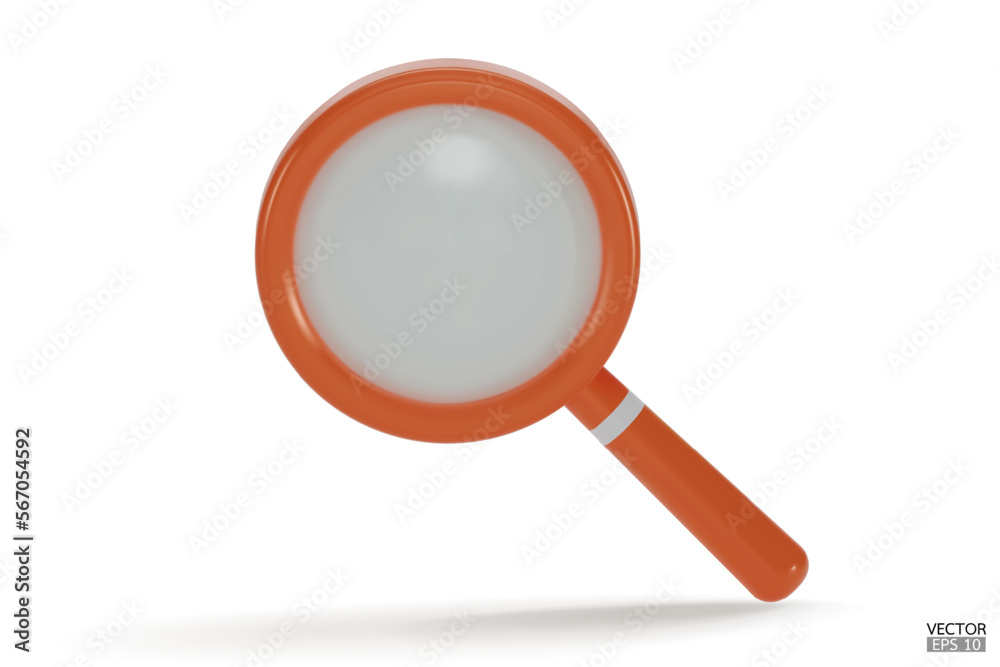 Realistic orange Magnifying glass with shadow isolated on white background. Lupe 3d in a realistic style. Search vector icon. Discovery, research, search, analysis concept. 3D vector illustration. Realistic orange Magnifying glass with shadow isolated on white background. Lupe 3d in a realistic style. Search vector icon. Discovery, research, search, analysis concept. 3D vector illustration.