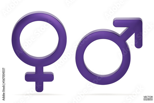 Male and Female symbol icon isolated on white background. Male and female icon set. The symbol for web site, design, logo, app and UI. Gender Icon purple symbol. 3D vector illustration.
