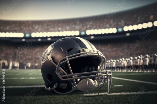 Closeup american football helmet in the ground, stadium and crowd in the background © AlexRillos